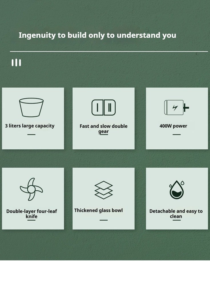 HOTOR 3L Electric Food Chopper - 400W All-Copper Motor, 2 Speed Adjustable, 304 Stainless Steel S-shaped Blades, Multi-Function Food Processor for Meat, Vegetables, Fruits, Nuts & Baby Food, BPA-Free Thickened Glass Bowl, Green - Image 3